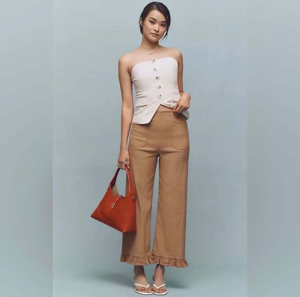 Maeve Anthropologie The Colette Ruffle Hem Wide Leg Pants Camel Tan Size 34